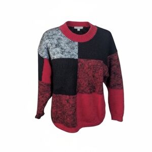 Vtg Michele Red/Black Colorblock Plaid Warm Wool Blend Pullover Sweater Sz m